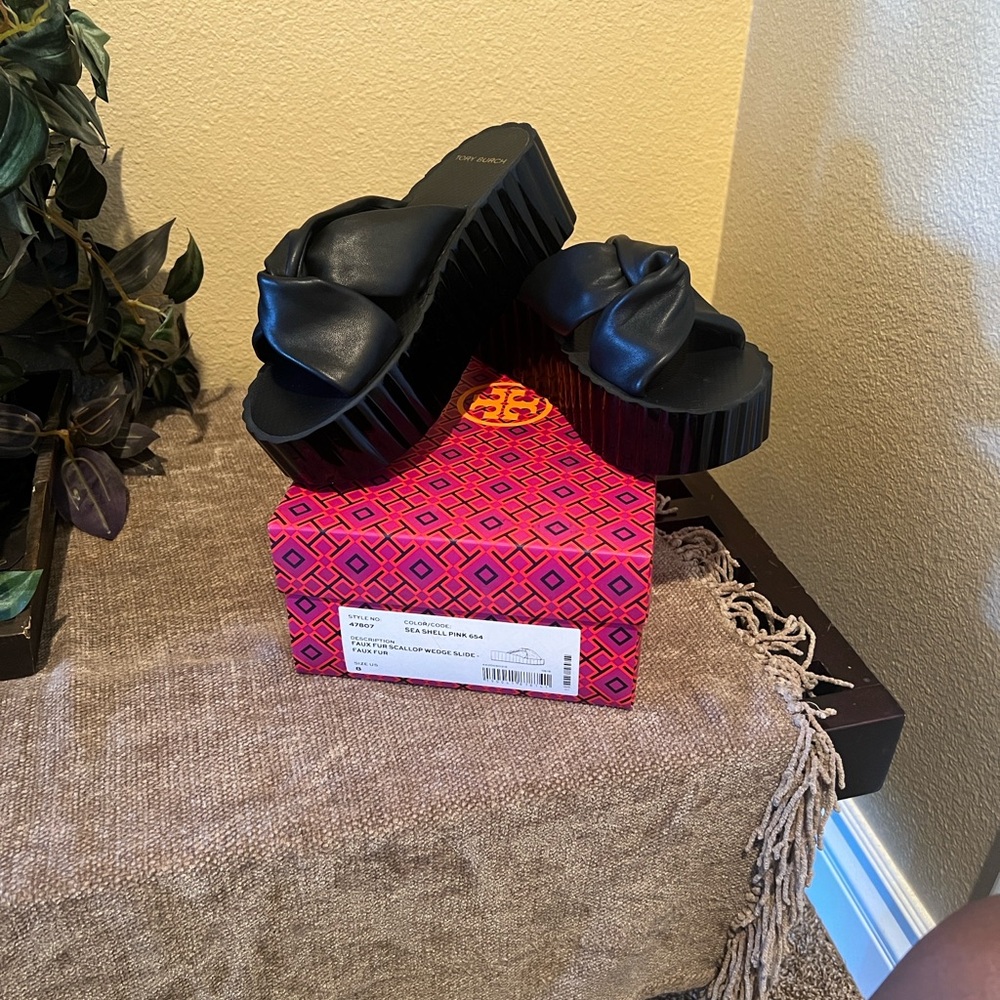 Tory Burch Black Leather Wedge Slides